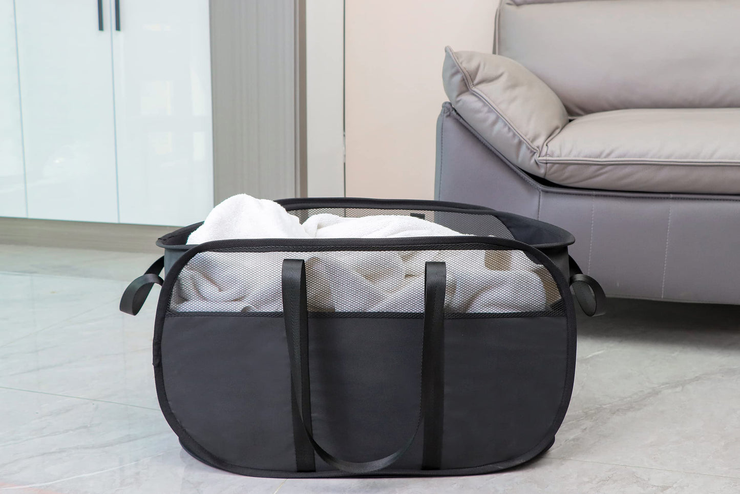 Pop Up Laundry Hamper，with Durable Handles collapsible laundry basket，Easy to Open and Fold for college Dorm,kids room，travel (Black)…