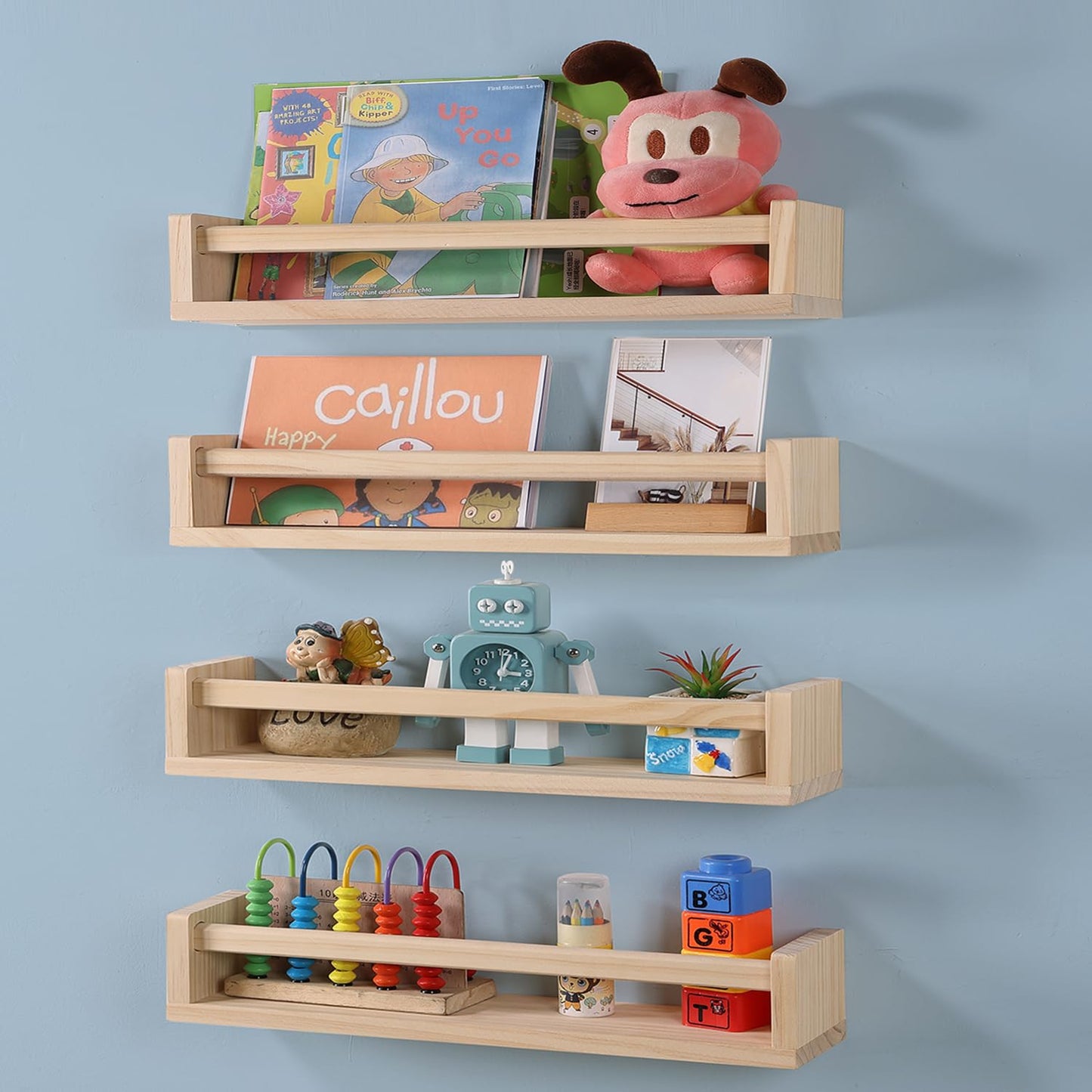 DUICIRX Nursery Room Shelves Set of 4, Wood Floating Book Shelves for Kids Room, Baby Book Shelf for Nursery, Kitchen Spice Rack (Natural Wood)