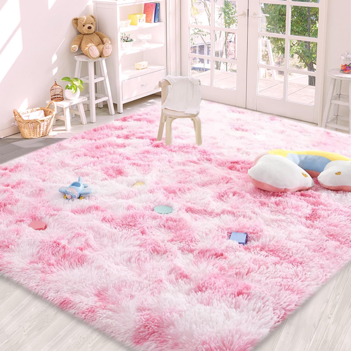 AIMECO Tie-Dyed Pink 4X6 Ft Fluffy Plush Carpet, Anti-Slip Shag Area Rug, Machine Washable Indoor Rug for Living Room, Girls Bedroom, Kids Bedside, Nursery, Home Room Decor