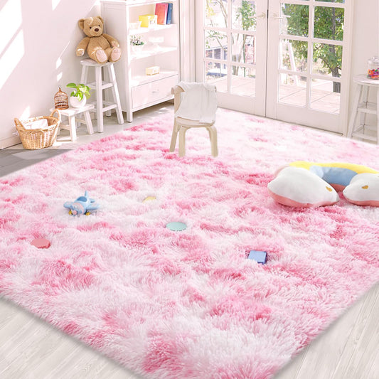 AIMECO Tie-Dyed Pink 4X6 Ft Fluffy Plush Carpet, Anti-Slip Shag Area Rug, Machine Washable Indoor Rug for Living Room, Girls Bedroom, Kids Bedside, Nursery, Home Room Decor