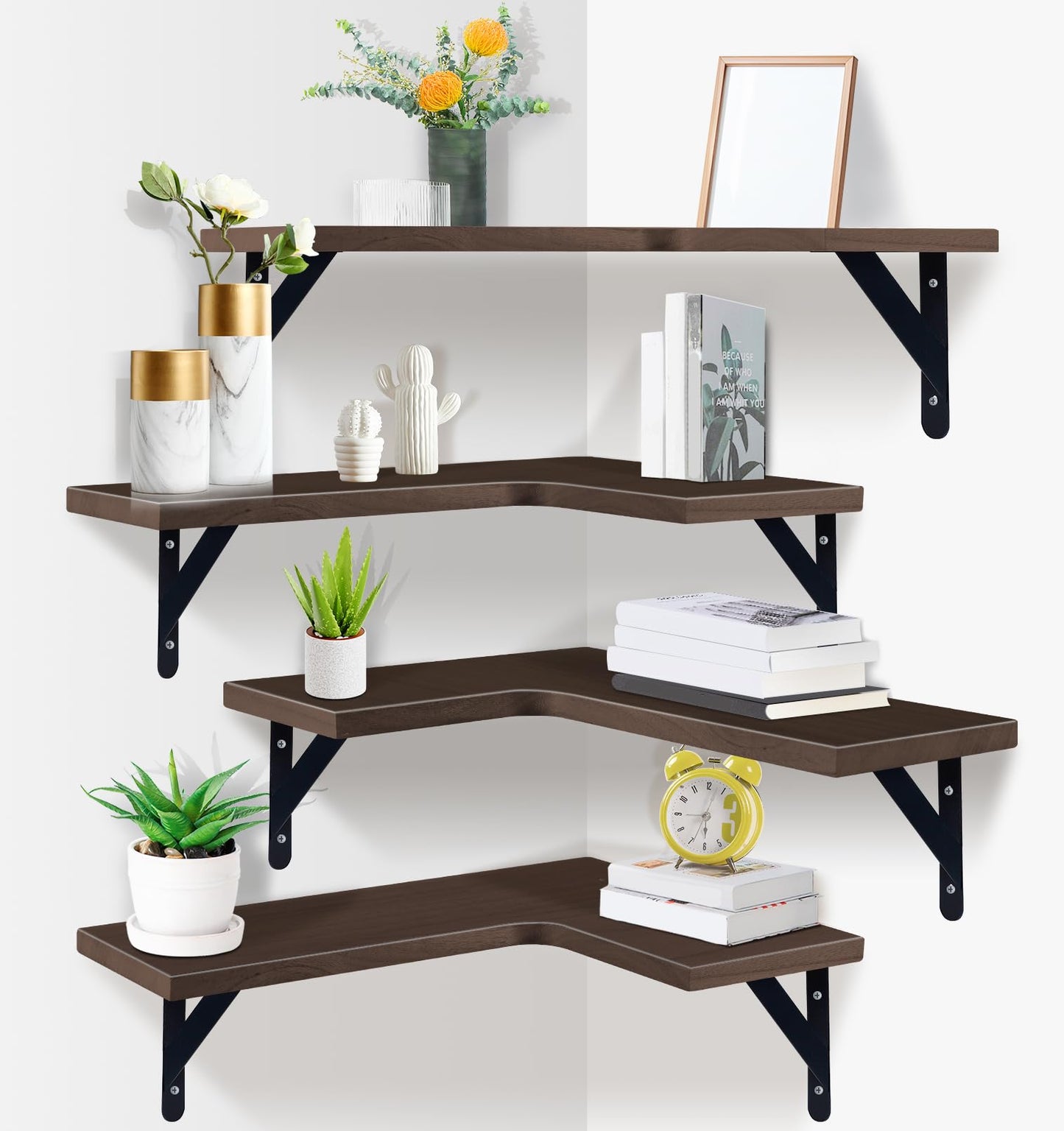 PUREZON Corner Floating Shelves Set of 4,Corner Wall Shelves,Rustic Wood Wall Mounted Shelf for Home Decor, Living Room, Bedroom, Kitchen, Bathroom,Office(Brown,15.9 x 11.4 inch)
