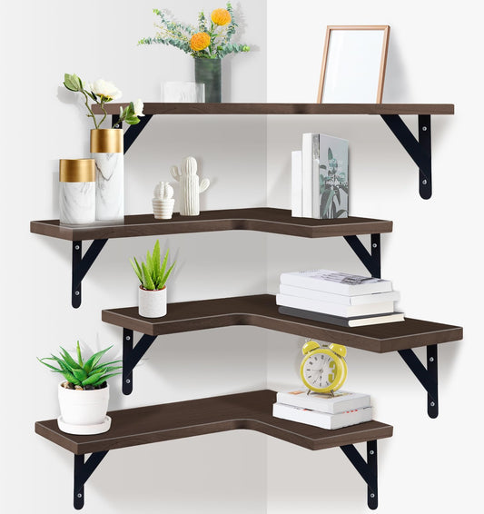 PUREZON Corner Floating Shelves Set of 4,Corner Wall Shelves,Rustic Wood Wall Mounted Shelf for Home Decor, Living Room, Bedroom, Kitchen, Bathroom,Office(Brown,15.9 x 11.4 inch)