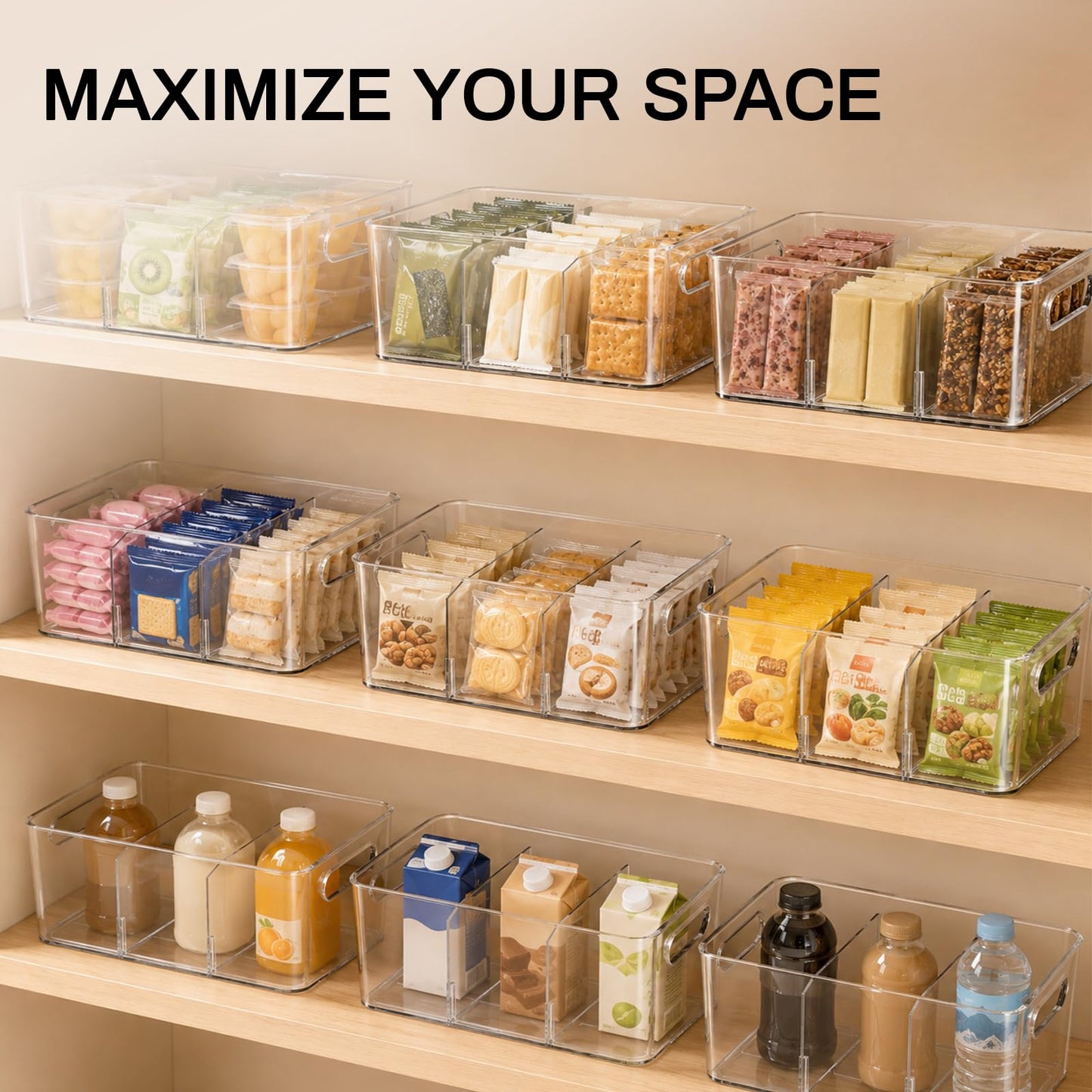 Mpotmiy Pantry Organizers and Storage , 8 Pack Snack Organizer for Pantry Shelf,Food Storage Bins with Divider,Clear Containers for Organizing,Transparent Plastic Basket,Refrigerator and Fridge Bins