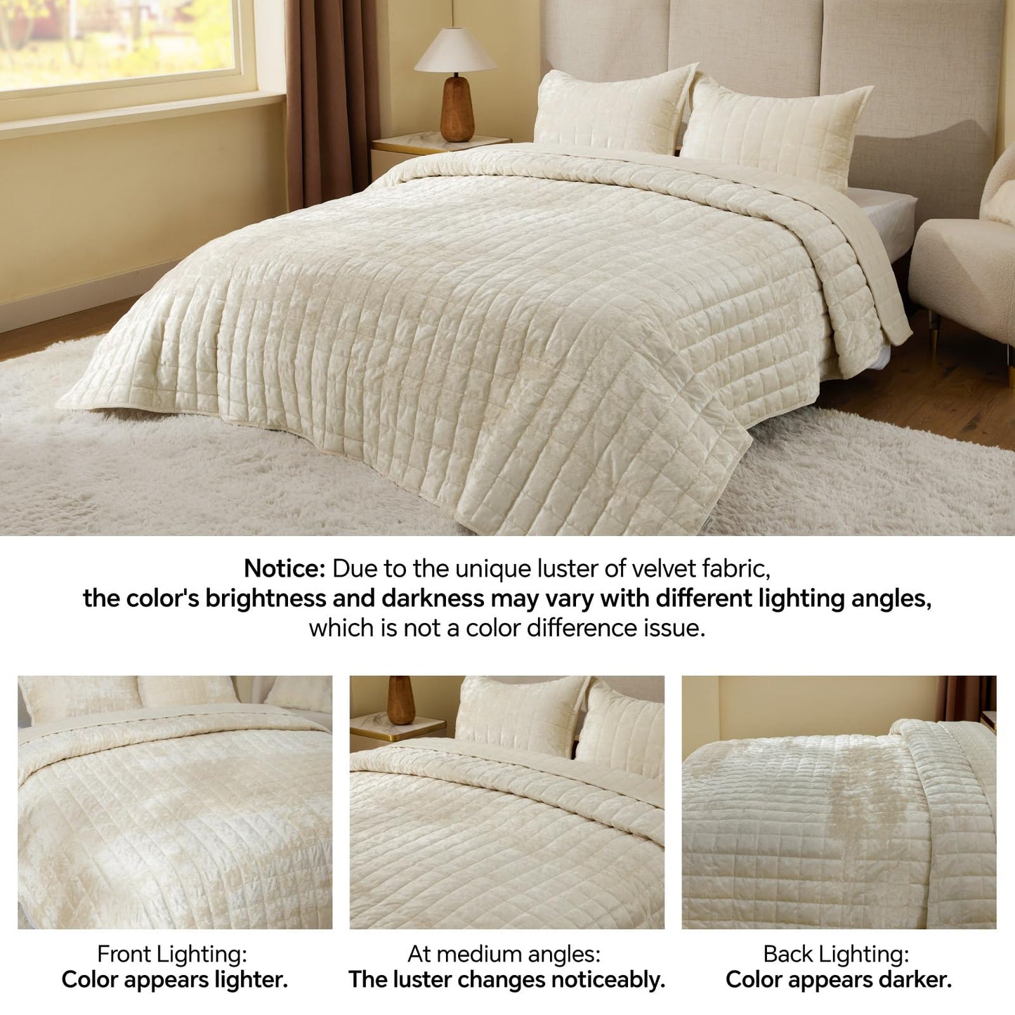 BEDELITE Velvet Quilt Set King Size - Luxury Soft Velvet Comforter Bedding Set for All Season, Lightweight Quilted Box Stitch Oversized Bedspread Coverlet with 2 Matching Shams, Shiny Cream White