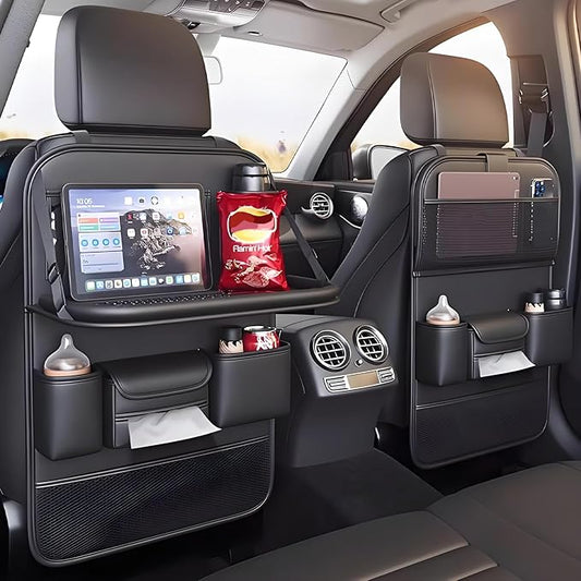 FASTAGEI 2 Pack Universal Foldable Car Backseat Organizer with Table Tray, Car Seat Back Protector with Touch Screen Phone Holder, Premium Leather Kick Mats with Storage Pockets Tissue Box (Black)