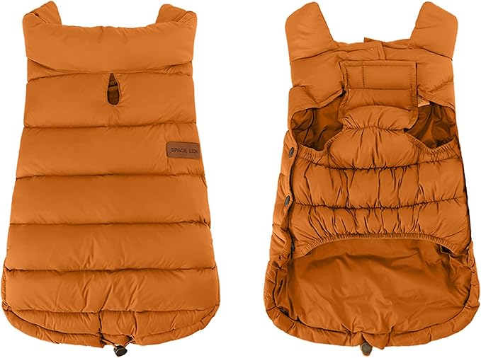 SPACE LION Dog Puffer Jacket, Down Winter Coat, Durable Outdoor Coat for Cold and Windy Conditions, Lightweight & Adjustable Fit Coats for Medium Dogs, (Orange, Size 14 Gift Box)