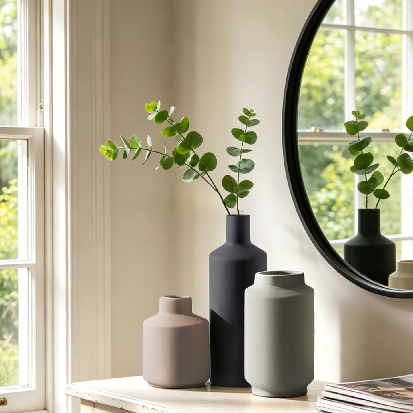 Ceramic Vase Set of 3, Modern Farmhouse Boho Table Centerpiece Vases, Small Flower Pottery for Coffee Bar Shelf Bookshelf Living Room Kitchen Decor, Rustic Home Decor Accents