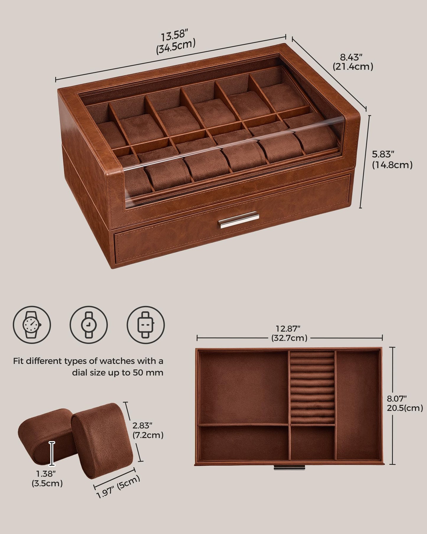 ProCase Watch Box for Men, 12 Slots Watch Display Holder with Clear Acrylic Top, Large Capacity PU Leather Case with Drawer Organizer, Jewelry Storage, Ideal Fathers Day Gift for Dad -Brown