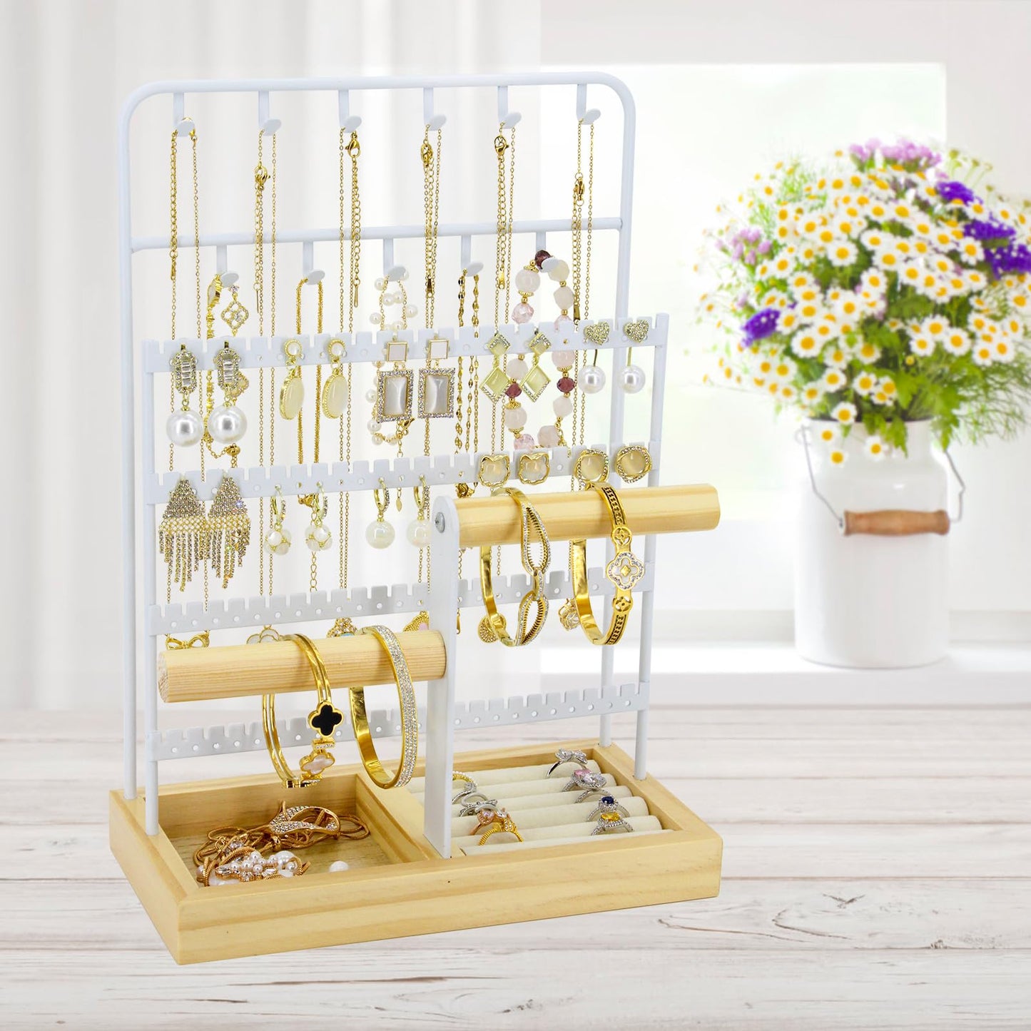 JONKASIPA Jewelry Holder Organizer Stand 4-Tier Necklace Stand Earring Holder with Wooden Tray, Jewelry Rack for Bracelets Watches and Rings Display Stand, Gifts for Women & Girls-White