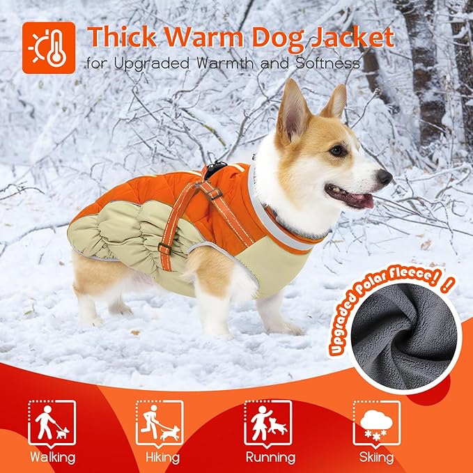 Abuandi Dog Winter Coat with Harness, Dog Jacket, Pet Clothes with Zipper on Back, Waterproof Windproof Warm Vest, Reflective Cold Weather Coats, for Small Medium Large Dogs, Thick, Orange, 3XL