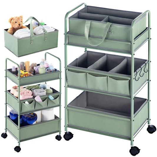 Honeydak 2in1 Baby Diaper Caddy Organizer Cart 3 Tier Large Capacity Metal Utility Bedside Rolling Cart with Divider Newborn Registry Nursery Essential Must Have Crib Bedroom Baby Shower(Green)