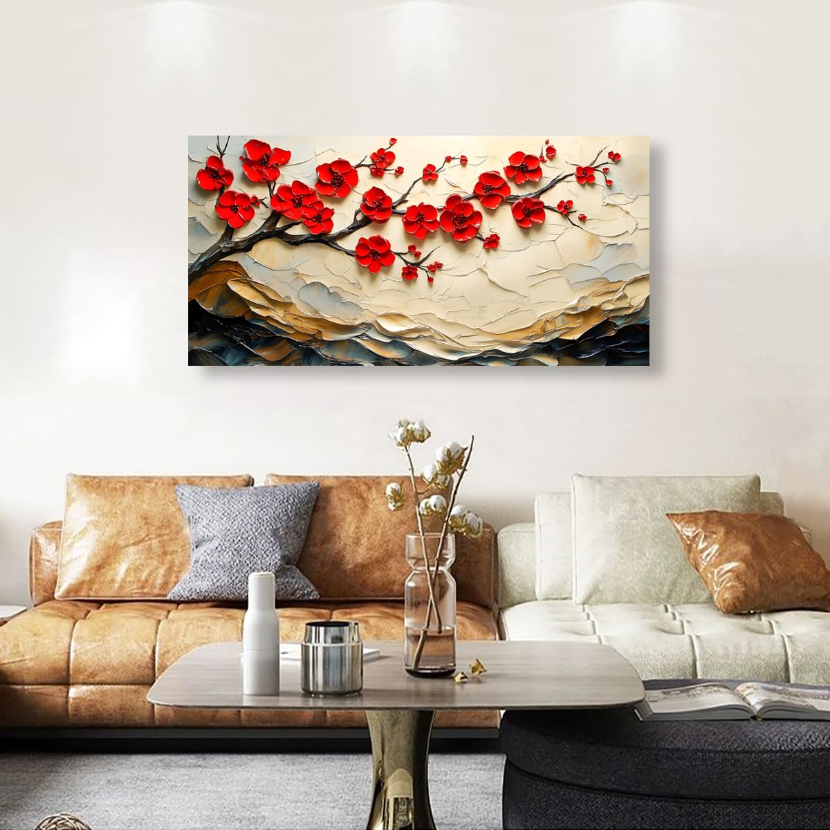 Tree of Life Pictures Canvas Wall Art for Living room Office Bedroom Red Flower Tree Wall Decor,Yellow Abstract Wall Art Print Paintings Modern Plum Blossom Mountain Artwork Ready to Hang-20x40inch