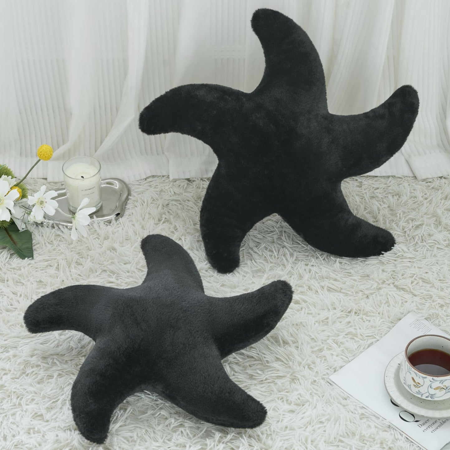 PLAYSKY Starfish Pillow, Cute Decorative Pillows for Couch Bed, Aesthetic Room Decor Accent Pillow Plush with Soft Faux Rabbit Fur for Bedroom Living Room (Black, 19.6 Inches)
