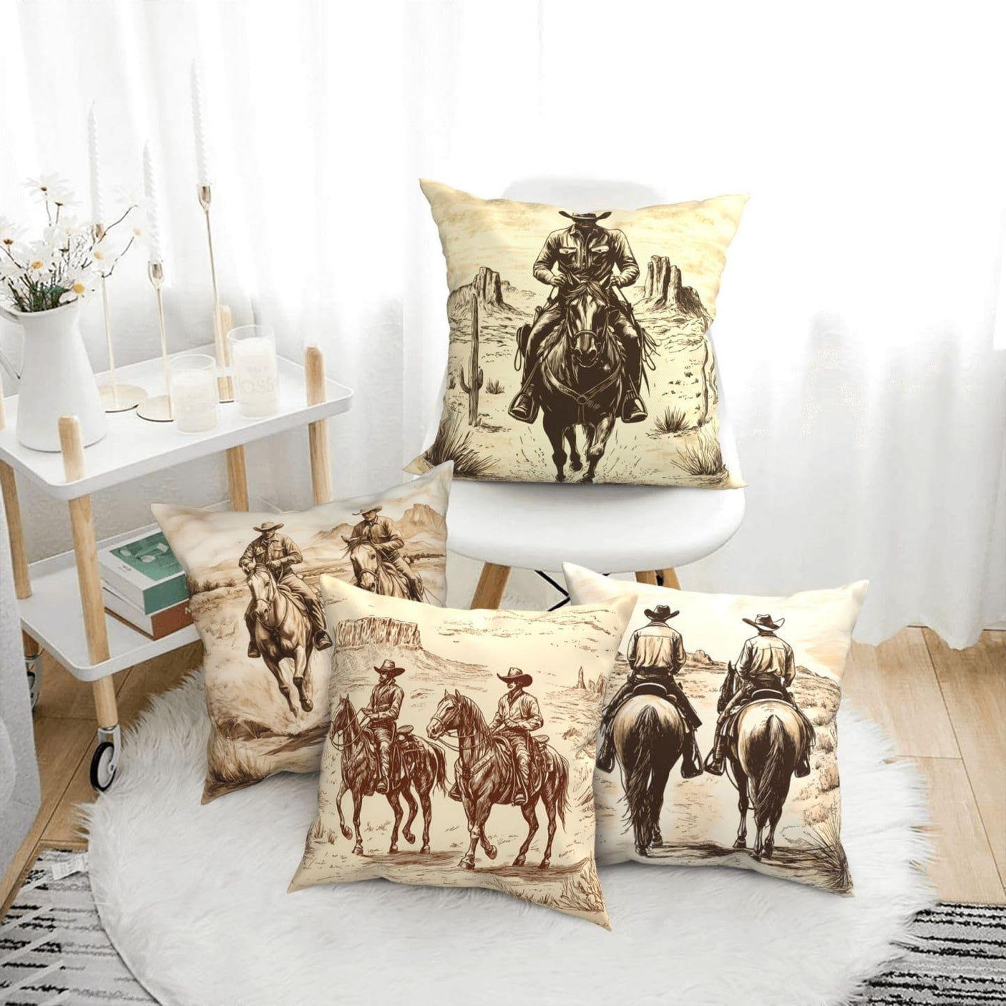 Worltoldb Throw Pillow Covers Set of 4 Decorative Soft Linen Fabric Square Cushion Case for Room Bedroom Sofa Car 18x18 (Western Cowboy, 18"x18")