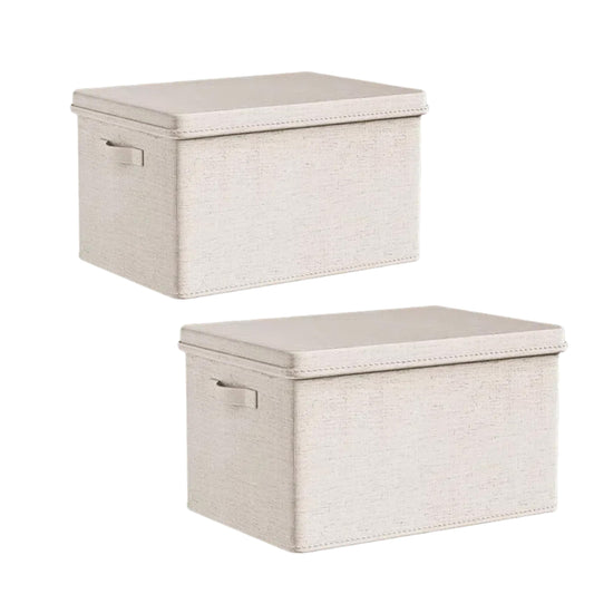 Large Foldable Fabric Storage Bins with Lids, 2 Pack Beige, 17.5"x12"x11.5", Cotton Linen Material with Handles, for Shelves, Nursery, Bedroom, Home, Office, Organizing Clothes, Toys, Blankets, Books