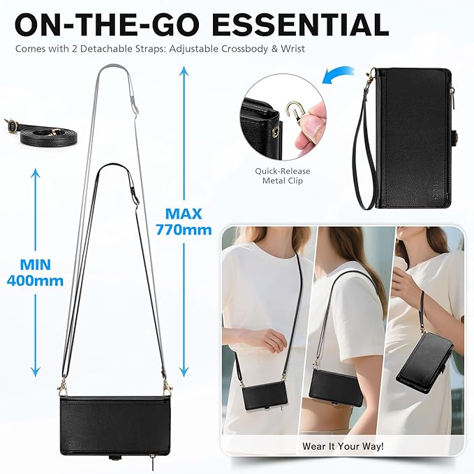 TUCCH Removable Crossbody Case Wallet for iPhone 17 Pro 2025, 9 Card Slot RFID Blocking, Stand, Lanyard, Wrist Strap, Wireless Charging, Zipper Pocket, PU Leather, Magnetic Flip Cover, Textured Black