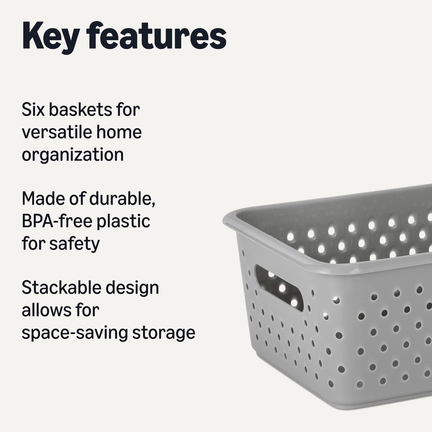 Amazon Basics Decorative BPA-Free Plastic Storage Baskets, 9.9 x 7.4 x 4.16, Grey, Pack of 6