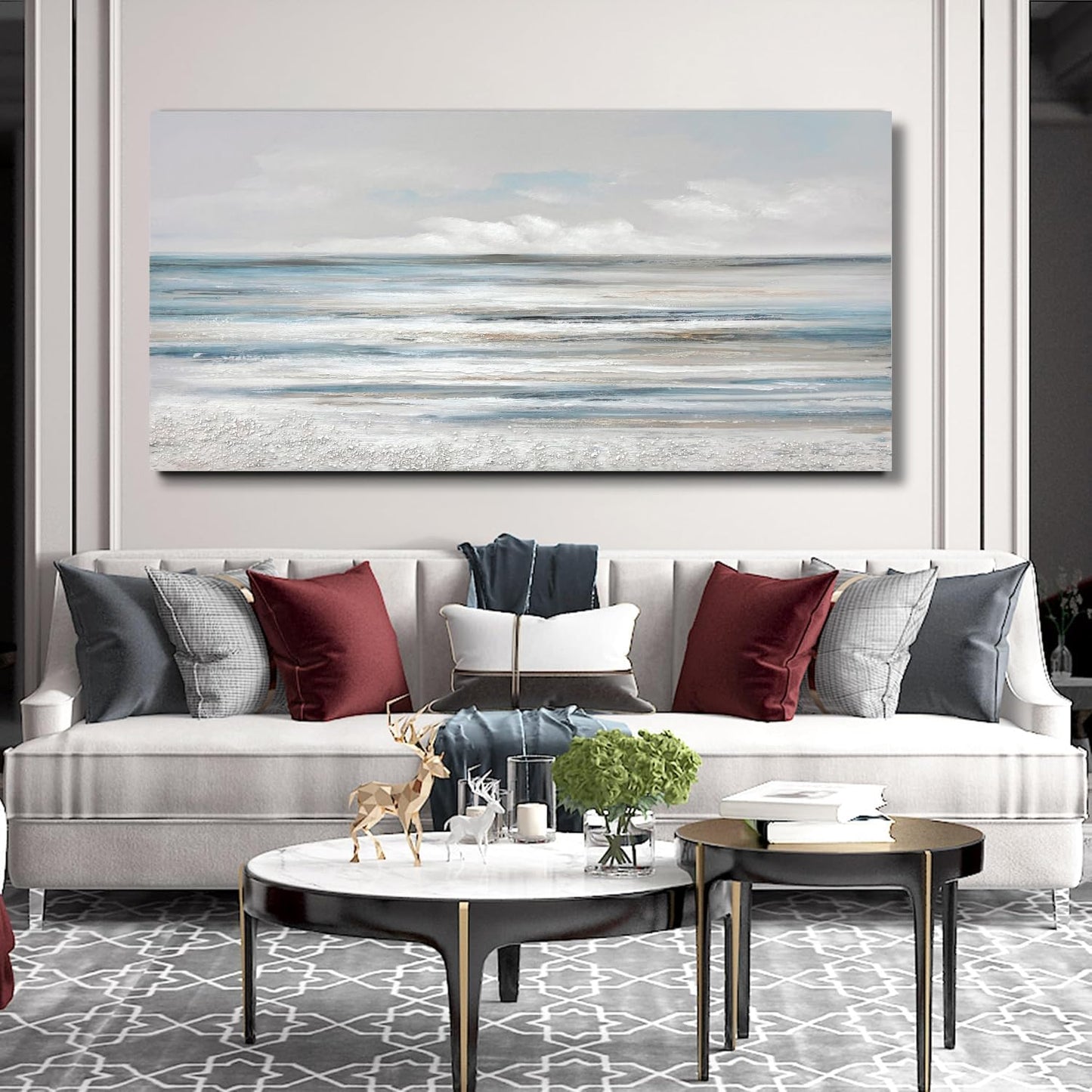 TRAIN2 ART Abstract Wall Art Modern Coastal Wall Decor Textured Blue and White Sea Background Canvas Wall Art for Living Room Bedroom Kitchen Office 20"x40"