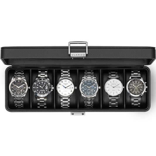 VLANDO 6-Slot Watch Case for Men, Watch Box with Glass Lid, Lockable Watch Holder, Business Textured Leather Organizer Display Case, Soft Pillow, Gifts for Fathers, Dad, Husband, Valentines - Black