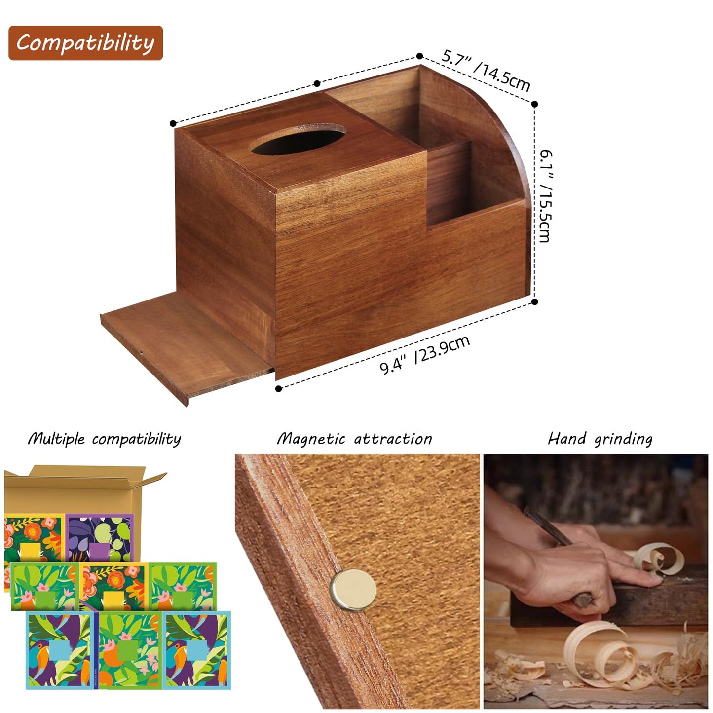 BIBELUN Square Tissue Box Cover, Multi-Functional Wood Tissue Box Holder with Storage Grid, Tissue and Remote Control Holder, Decorative Facial Tissue Cube Box Organizer for Desk, Nightstand, Bathroom