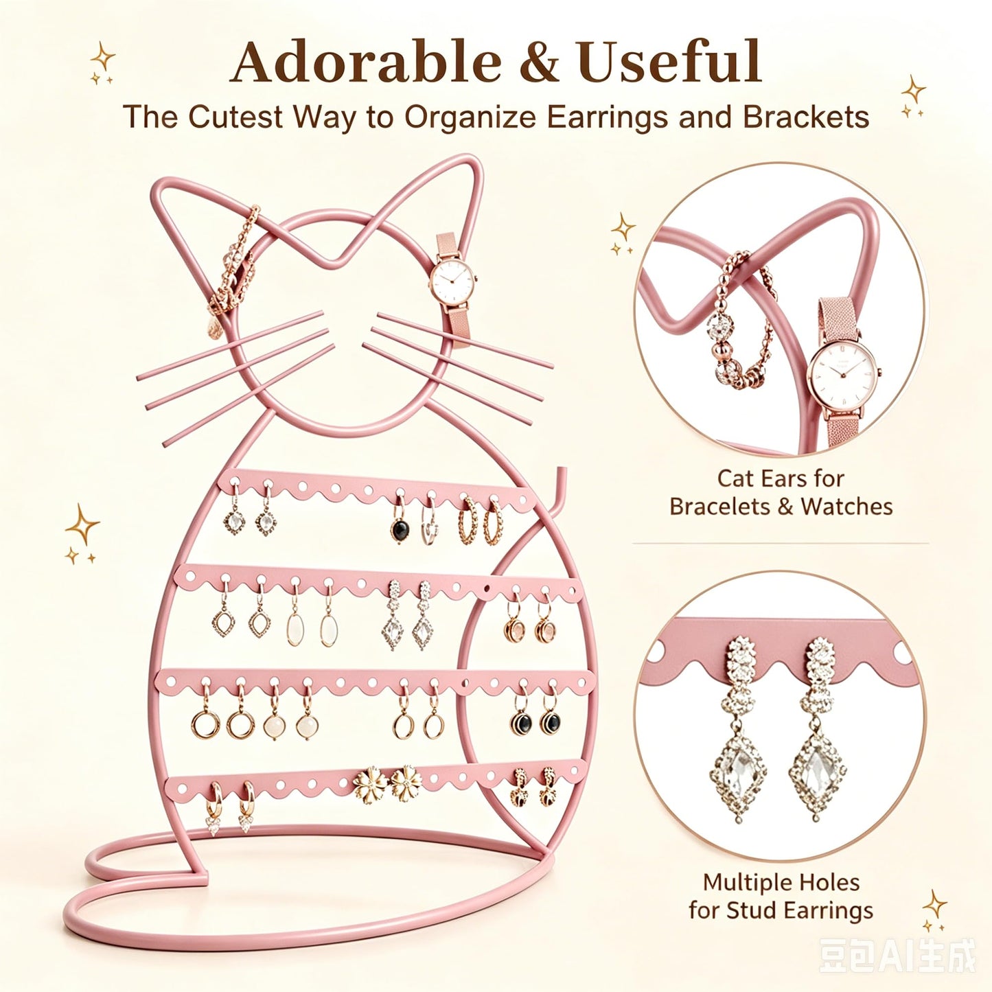 Urban Deco Jewelry Organizer Stand Cat Shaped Earring Holder Organizer Metal 48 Stud Earring Holes Jewelry Holder, Metal Jewelry Display Vanity Organizer For Girls - Macron Pink
