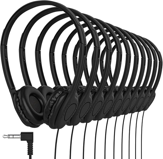 Maeline Bulk Classroom Student Headphones On Ear Stereo Headphones Adjustable Band & Faux Leather Cushions for Kids Online Learning, Library, School, Travel - 3.5mm Plug - 300 Pack - Black