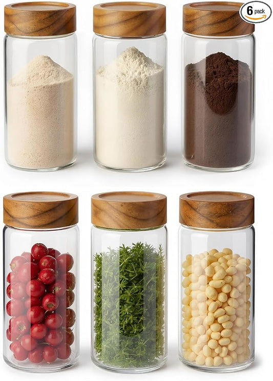 Zoaiirte 6 -Piece 13 oz Food-Grade Glass Mason Jars with Acacia Wood Lids, Sealable Waterproof, Transparent Easily Stackable for Overnight Oats, Spice Storage & Snack Organizing