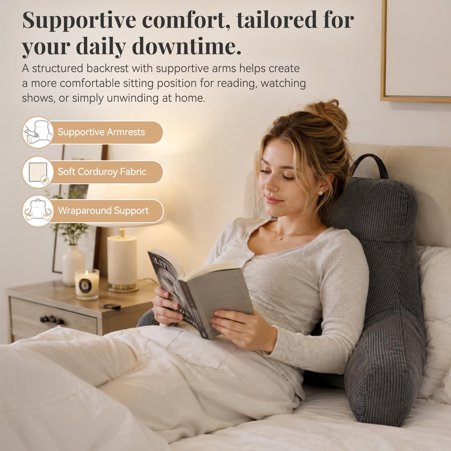 Eastsnow Reading Pillow with Arms, Bed Rest Back Support Pillow for Sitting Up, Large Backrest Cushion for Couch, Sofa or Floor, Ideal for Reading, Relaxing and Lounging at Home (Slate Gray, 18inch)