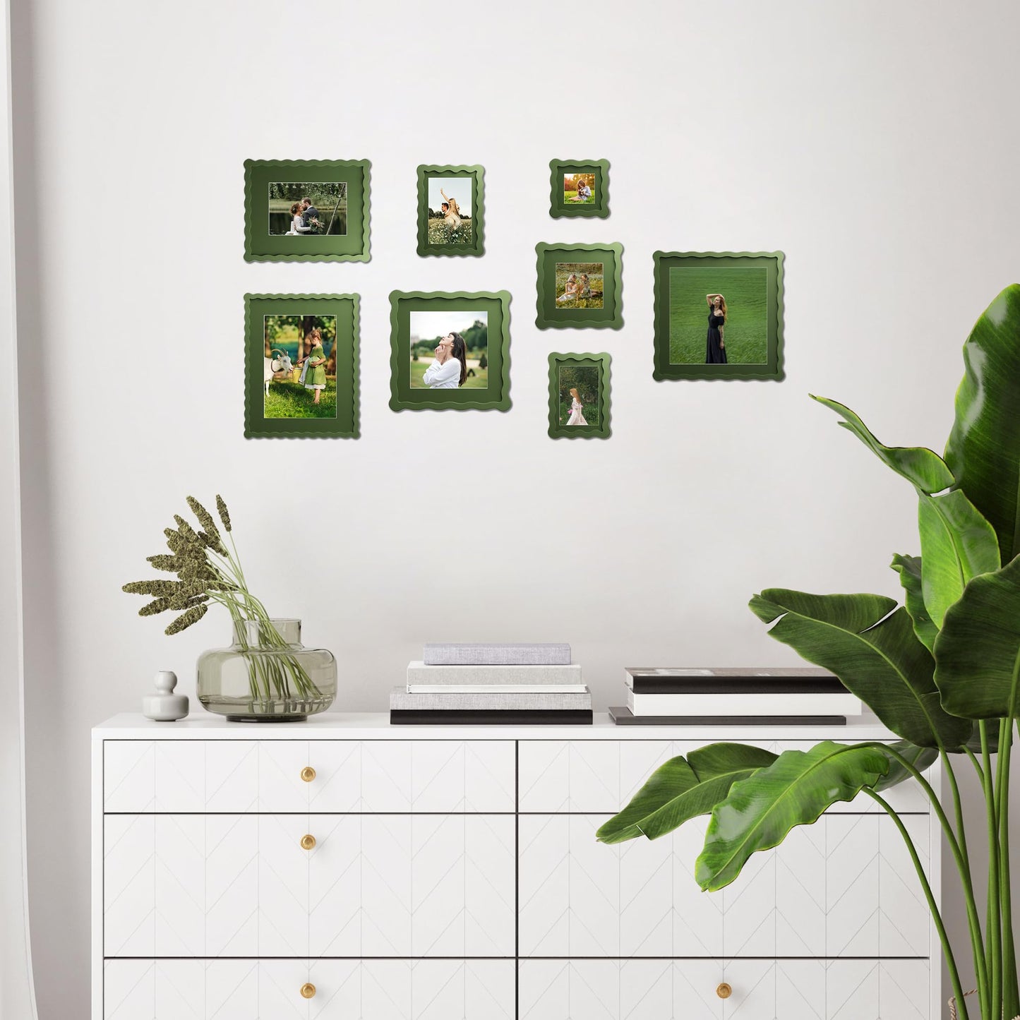 Chrspk 5x7 Wavy Picture Frame With Mat For 4x6, Wavy Edge Wooden Picture Frame with Real Glass - Wall Mount and Tabletop Display, Green, 2 Pack