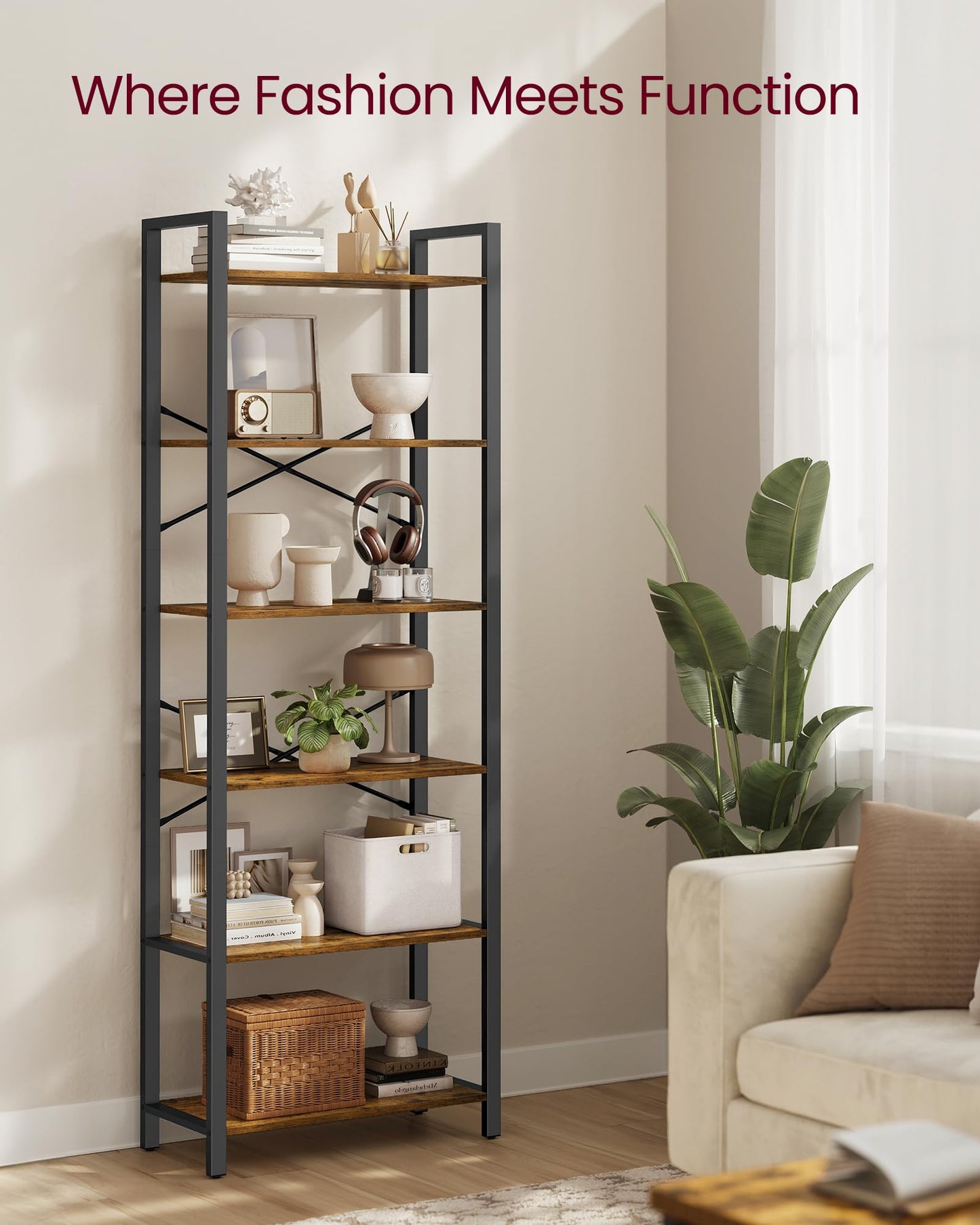 VASAGLE 6-Tier Bookshelf, Bookcase with Steel Frame, Book Shelf for Living Room, Home Office, Study, 11.8 x 26 x 73.2 Inches, Industrial Style, Rustic Brown and Ink Black ULLS062B01