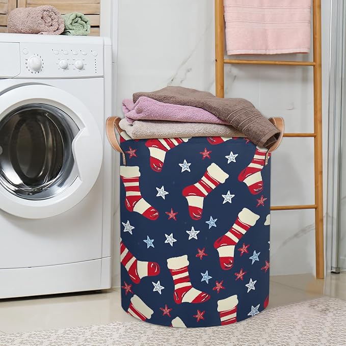 Sock Pattern Stars Laundry Basket Foldable Laundry Baskets With Leather Handles for Bedroom Bathroom Toys Decorative Basket