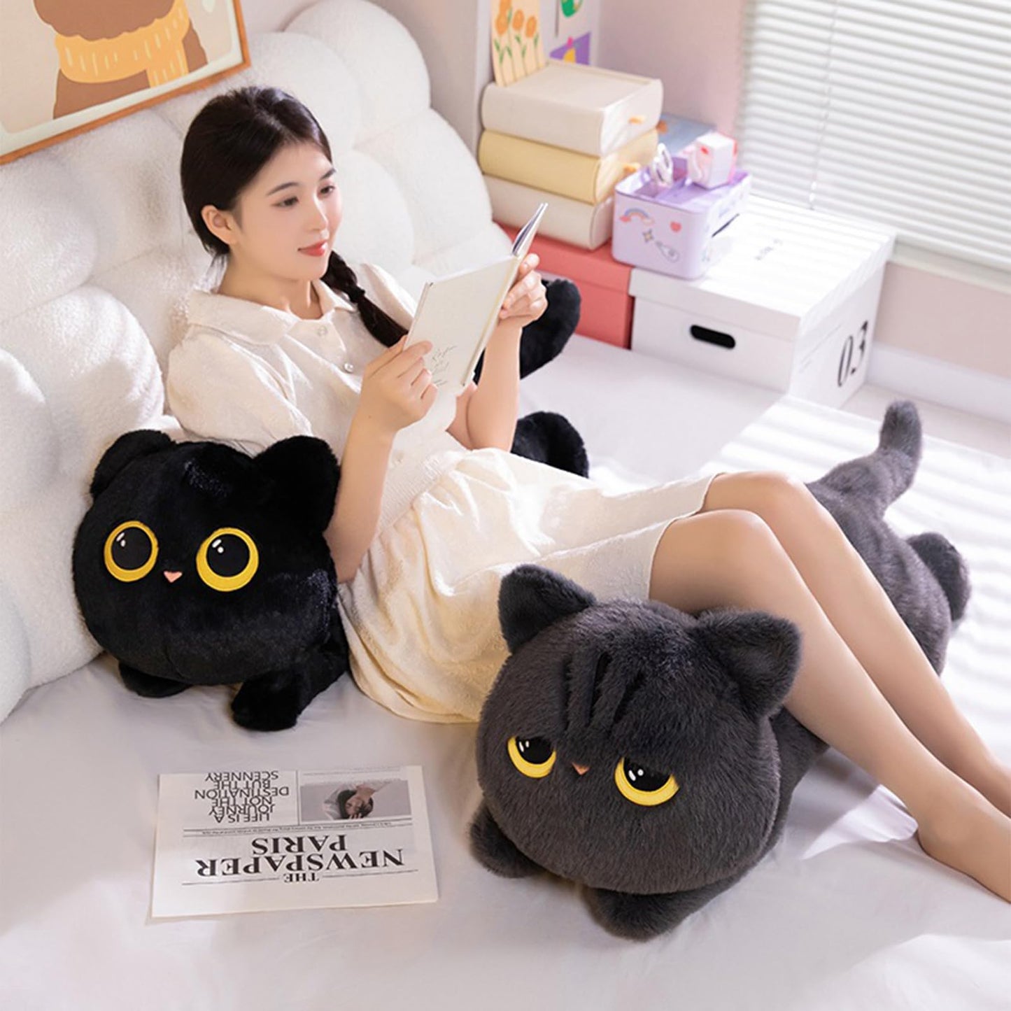 PEACH CAT 27.5" Long Cat Plush Pillow Cute Kitten Stuffed Animals Plushies Toy Gifts for Kids Black