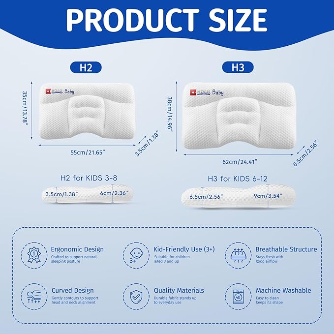 Toddler Pillow with Pillowcase, Breathable & Cozy Machine Washable Kids Pillow with Pillowcase, 21.6x13.8 Ergonomic Children Pillow for Boys and Girls Aged 6-12 (Blue, Height 3)