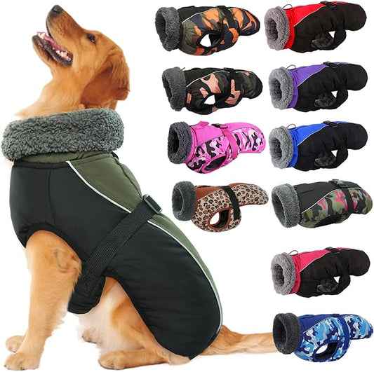 IECOii Extra Warm Dog Coat Reflective Adjustable Jacket Winter with Buckle Fleece Turtleneck for Cold Weather Soft Small Medium Dogs, Army Green, XXX-Large