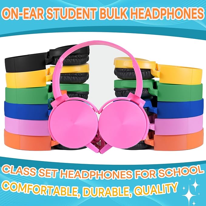 Classroom Headphones Bulk 10 Pack Multi Color for Kids School Students, Wholesale Class Set Durable Earphones for Children Toddler Teens Boys Girls Adult Chromebooks Laptop Computer(LS450, 10 Mixed)