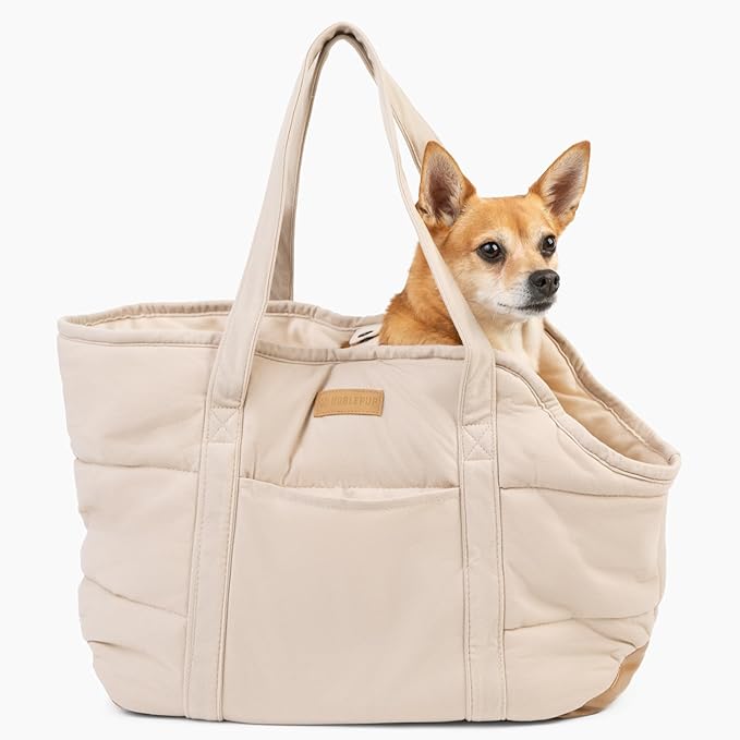 NoblePup Plush Dog Purse Carrier for Small Dogs, Soft Dog Tote Bag with Safety Harness Clip, Cozy Pet Carrier for Dogs Under 15 lbs, Comfortable Dog Shoulder Carrier for Travel, White