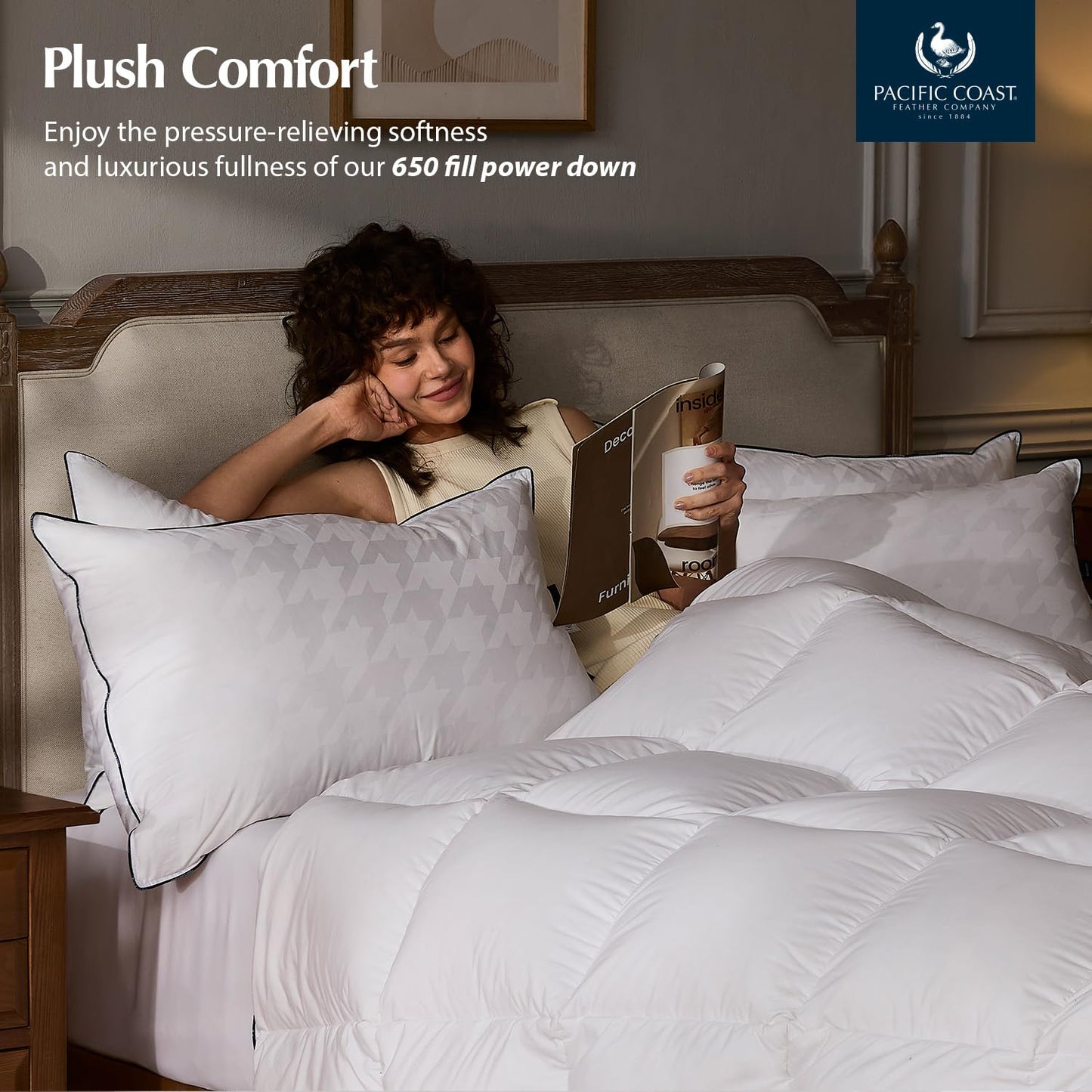 Pacific Coast Bed Pillow, Luxury Hotel Collection White Goose Down Pillow for Sleeping, 650 Fill Power, 450 Thread Count 100% Cotton Jacquard Fabric, Luxury Plush Feel, Soft, Standard Size, 1 Pack