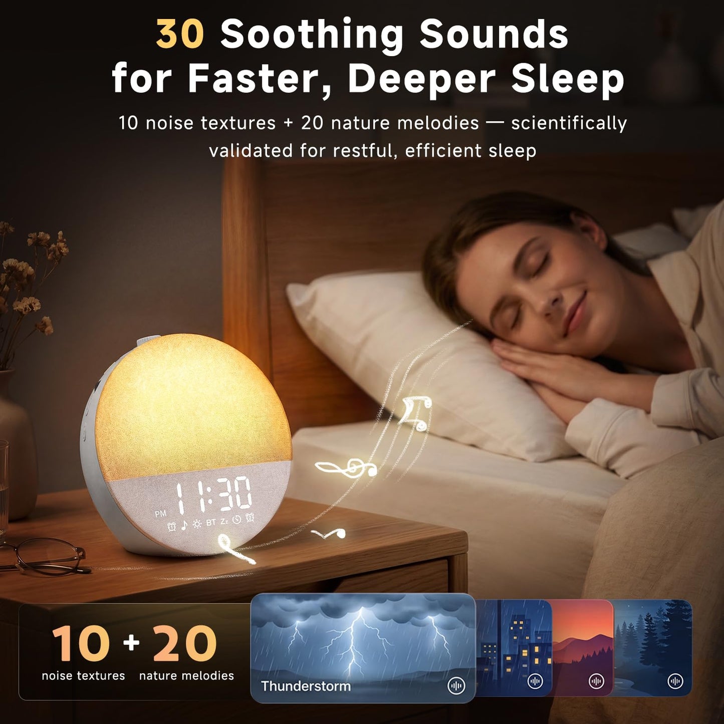 Geuuap Sunrise Alarm Clock White Noise Machine | Natural Wake-Up Light for Bedroom with 30 Soothing Sleep Aids, Bluetooth Speaker, Dimmable Clock, Screen-Free Design for Baby Adults Kids-Grey