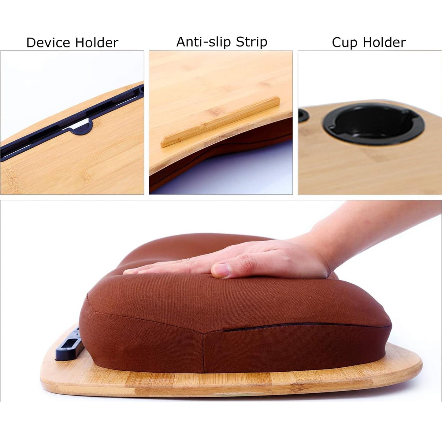 SANJIMO Lap Desk for Laptop with Cushion-Fits up to 18 inch, Bamboo Computer Laptop Stand with Phone Hoder, Cup Holder, Anti-Slip Stopper