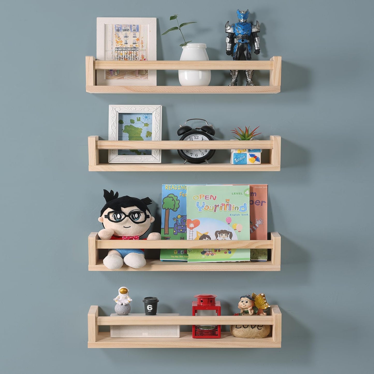 DUICIRX Nursery Room Shelves Set of 4, Wood Floating Book Shelves for Kids Room, Baby Book Shelf for Nursery, Kitchen Spice Rack (Natural Wood)