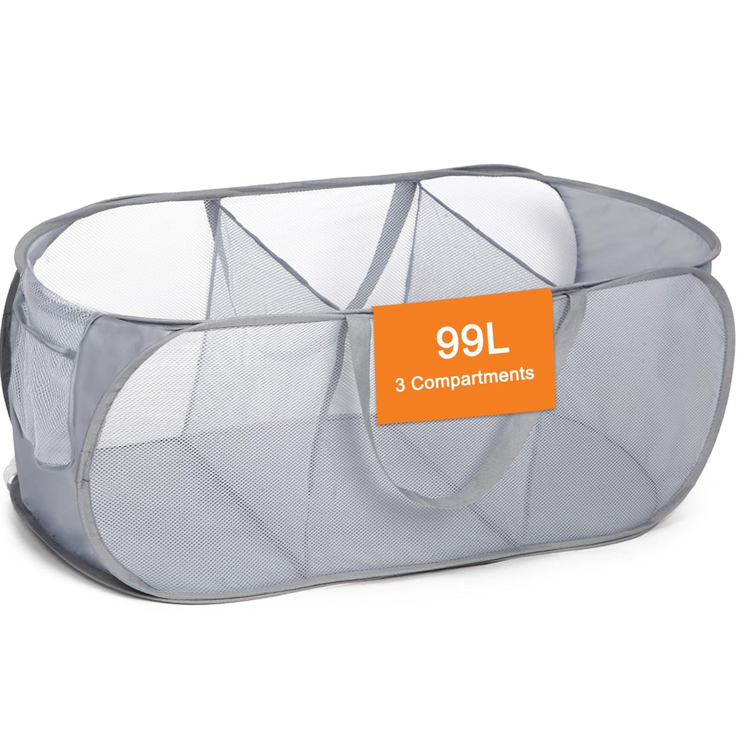 Durable Collapsible Foldable Pop Up Laundry Hamper, Sturdy 3 Compartments, Handy Pocket & Easy to Sort Clothes Hampers for Dorm, Kids Room, Travel - Grey