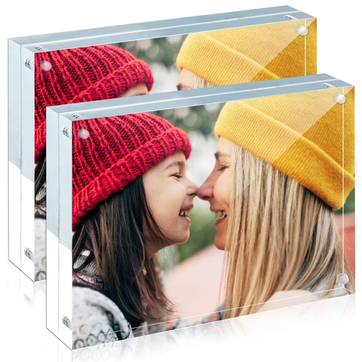 ILYXY 2 Pack Acrylic Frame 5x7, 20% Thicker, 24mm Thick Frameless Clear Picture Frame, Double Sided Magnetic Photo Frame, Free Standing Desktop Display Stand Acrylic Picture Frames