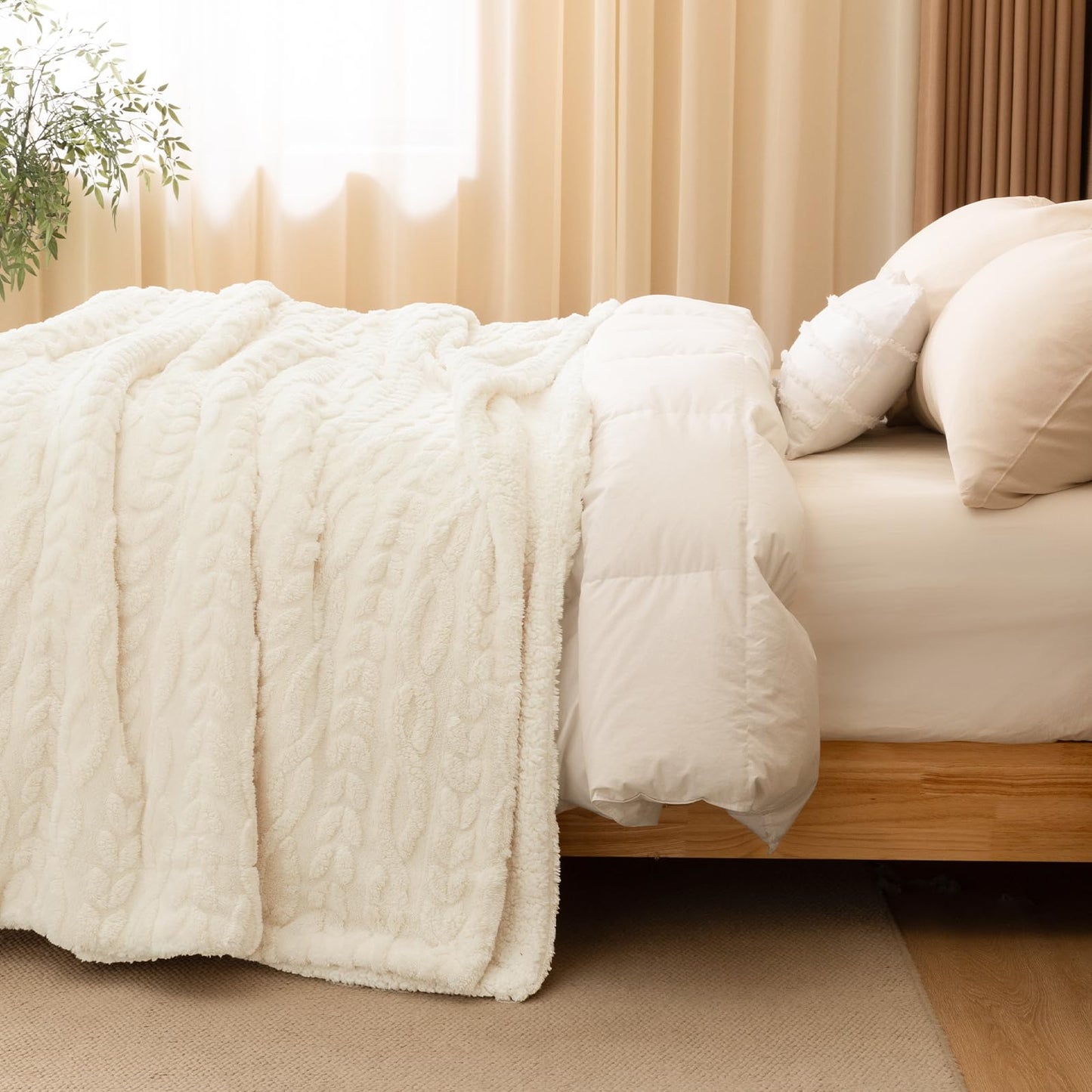 PHF Fluffy Sherpa Blanket Queen Size for Winter, Warm and Soft, 510GSM 3D Jacquard Thick Shaggy Fleece Plush Blanket for Sofa Bed, Cream, 90"x90"
