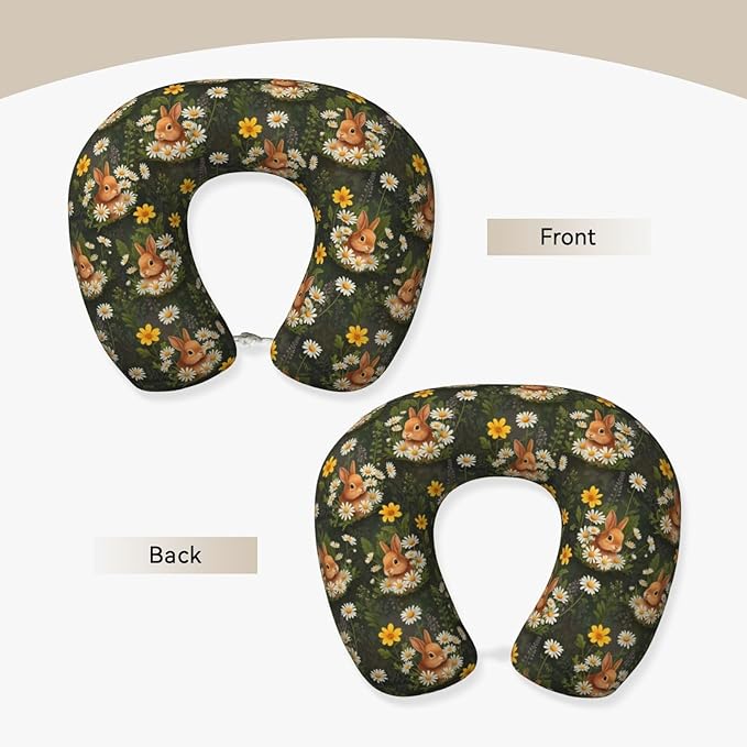 Comfortable Memory Foam Neck Pillow Rabbit Bunny, Travel U Shaped Airplane/Car/Flight Pillows with Removable Zipper Cover, Chin Head Neck Support Cushion