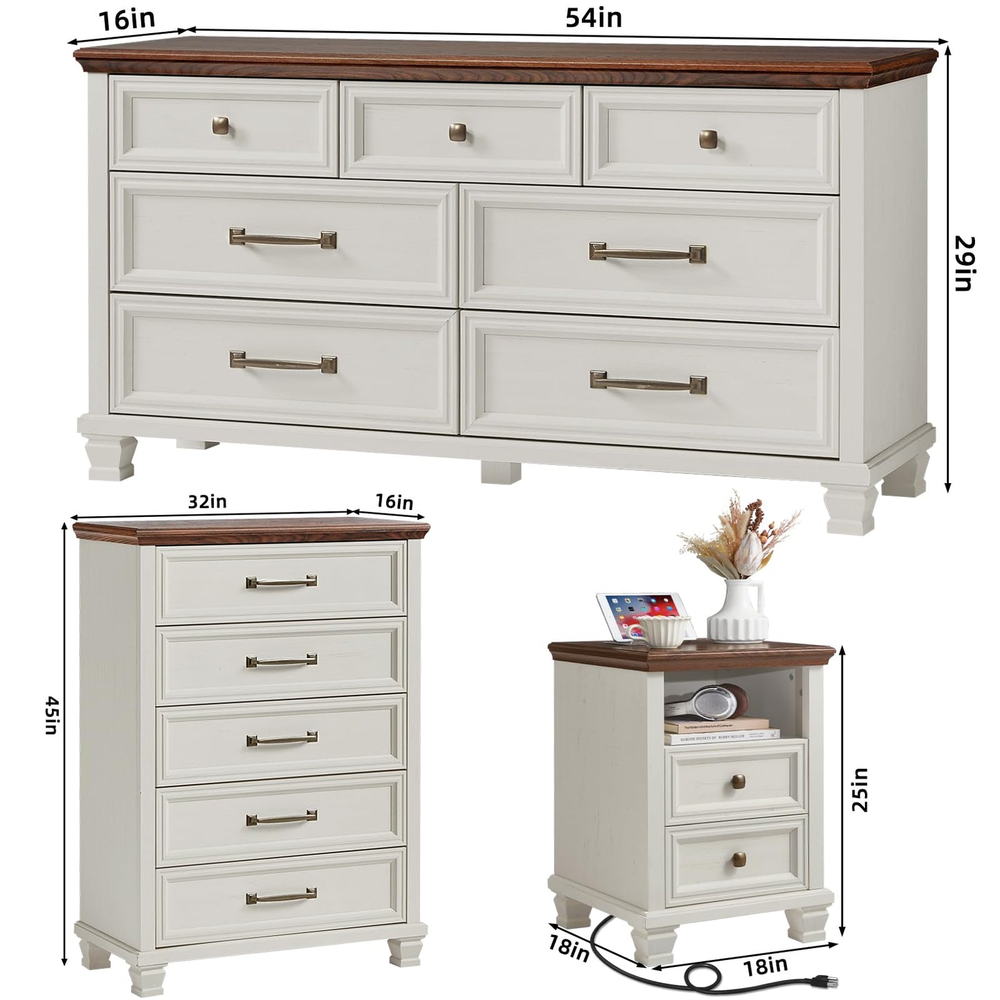 SAVOR LIFE Farmhouse Dresser and Nightstand Sets 4 Piece, 5/7 Drawer Dresser & 2 Drawer Nightstand Set, Rustic Wood Bedroom Furniture Set for Home, Bedroom, Hallway, White