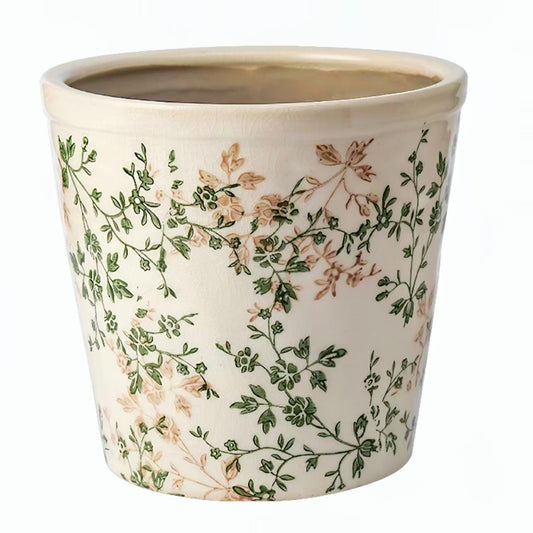 Ceramic Planter with Drainage Hole, Plastic Tray & Mesh, 6.7 Inch - Indoor/Outdoor Flower Pot for Orchids, Succulents, Green Floral Modern Farmhouse Décor for Home,Office and Garden, Ideal Gift
