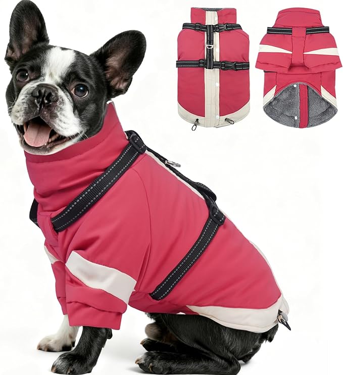 MIGOHI Snowproof Dog Jacket with Harness Reflective Small Dog Coat with Sleeves,Waterproof Fleece Winter Puffer Jacket for Dogs,Turtleneck Puppy Coats for Dogs Chilly Day,S,Pink