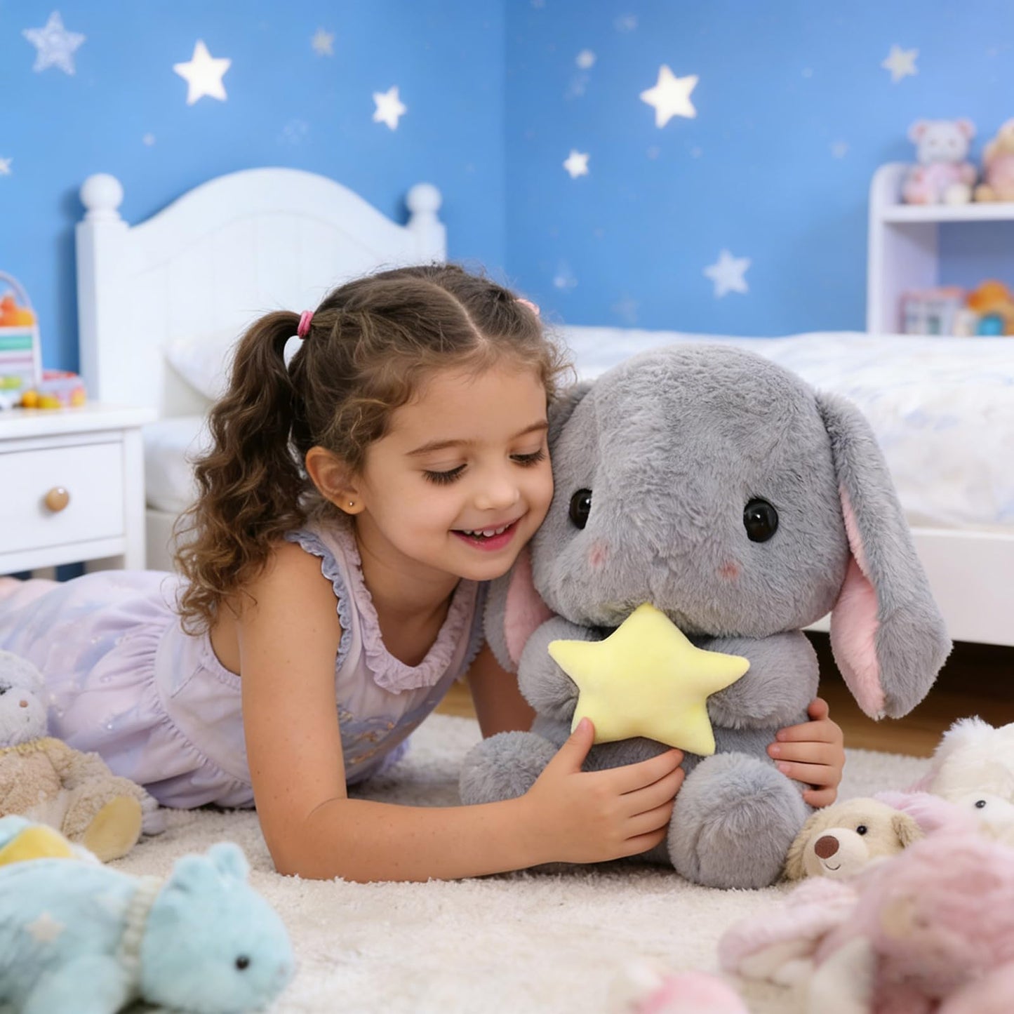 HOUPU Soft Toy - Sitting Lop Eared Rabbit, Easter White Rabbit Stuffed Bunny Animal with Carrot Soft Lovely Realistic Long-Eared Standing Pink Plush Toys (Gray-Star,8.6in/22cm)
