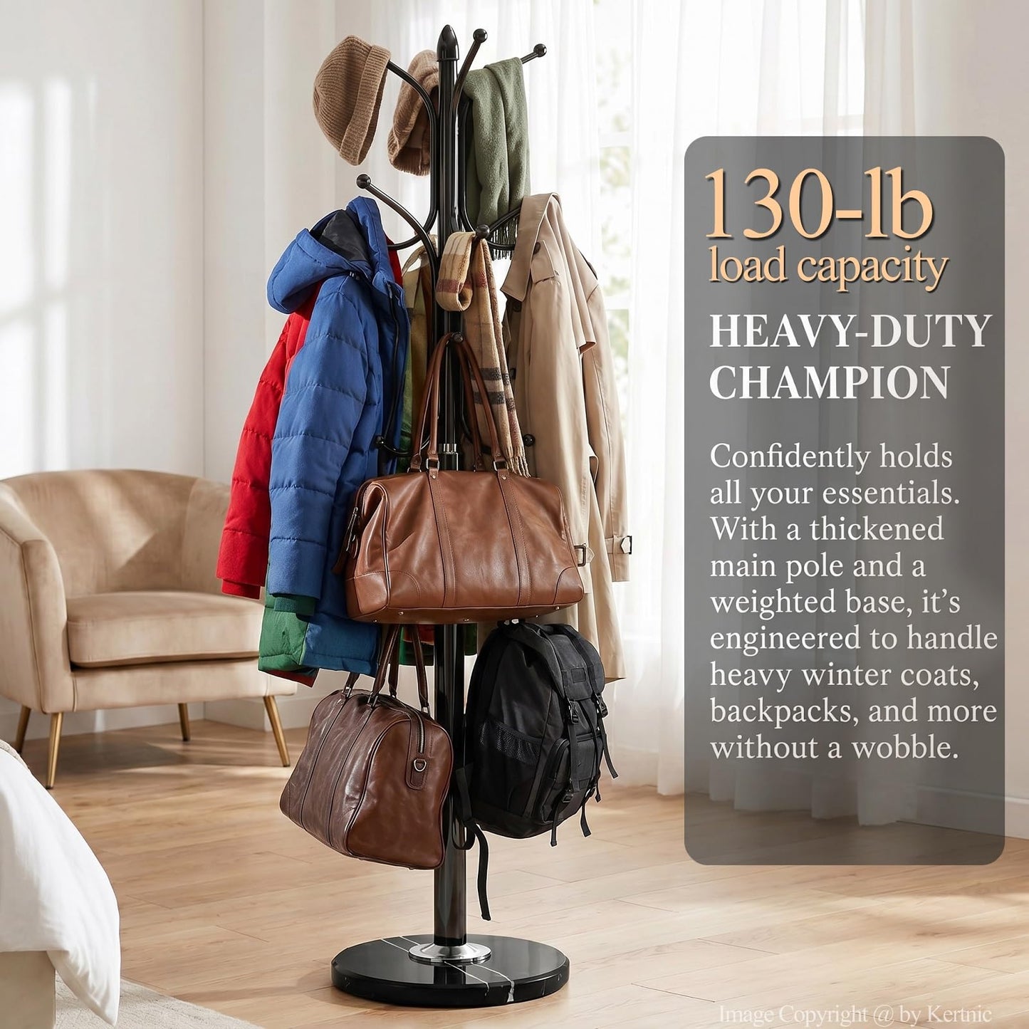 Kertnic Freestanding Coat Rack Stand, Heavy Duty Metal Hall Tree with 12 Hooks, 70 Inch Tall Stable Coat Hanger with 14.6" Natural Marble Base, Entryway Organizer for Coats Bags Hats Purses (Black)