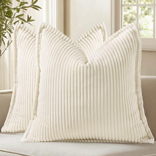 decorUhome Summer Corduroy Cream White Euro Sham Throw Pillow Covers 22x22 Set of 2 Decorative Soft Boho Farmhouse Couch Pillow Covers for Living Room Bed Sofa Broadside Striped Pillow Cases